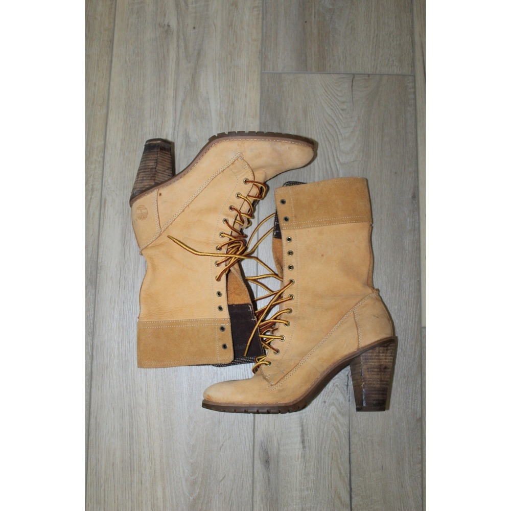 Timberland Womens Wheat Nubuck Leather Lace Up Block Heel Lug Sole Boots 9W